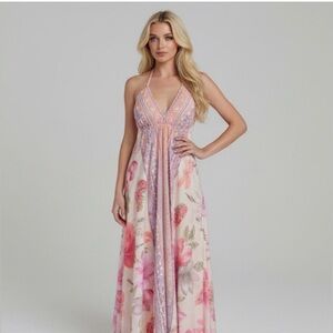 Boho Pink Floral Halter V- Neck Maxi Dress Low Back